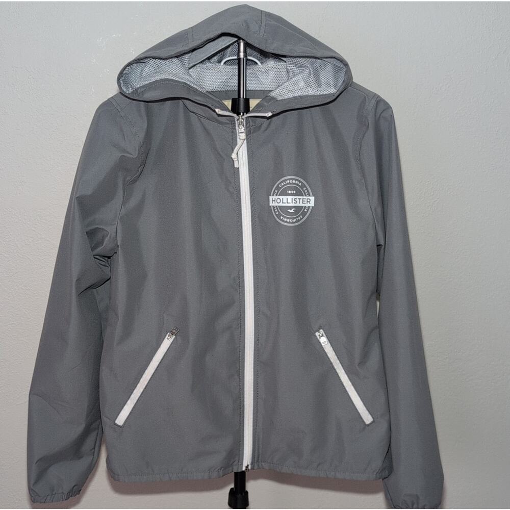 Hollister Gray Hooded Windbreaker Jacket Zip Front Logo Size M‎